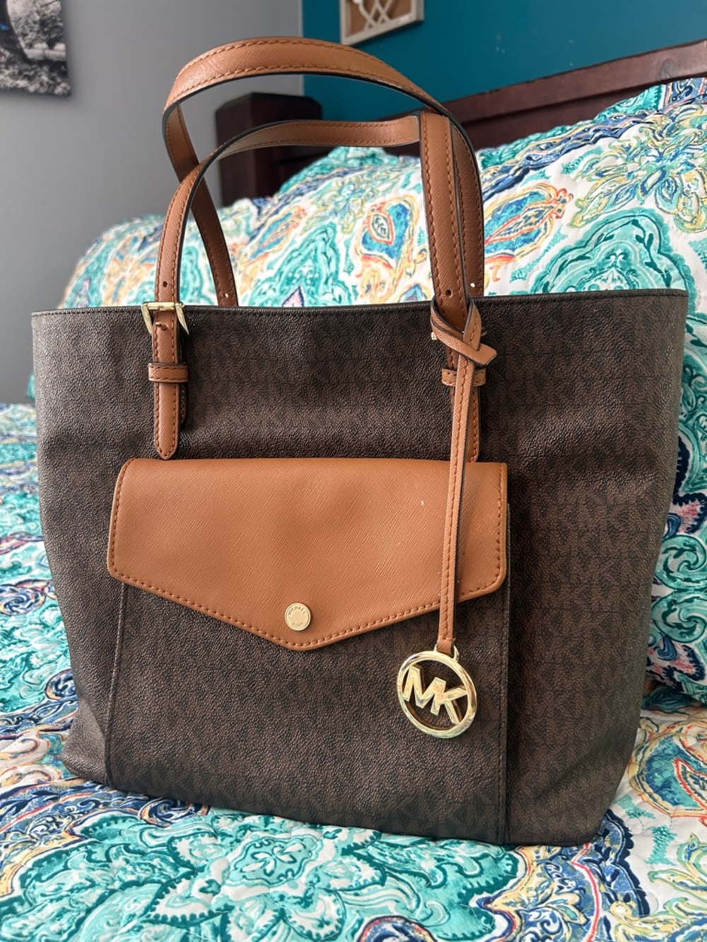Michael Kors Brown & Tan Signature Tote with Front Pocket
